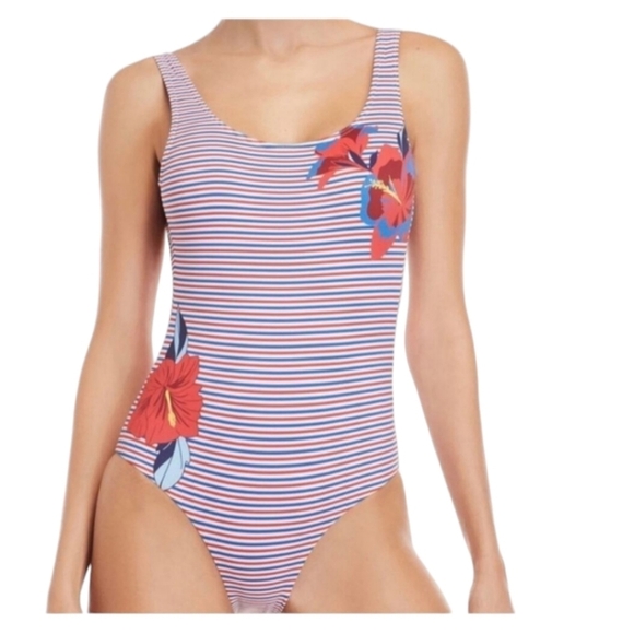 Onia Kelly One Piece Hibiscus Illusion Swimsuit Large Red White Blue NWT $195 - Picture 1 of 11